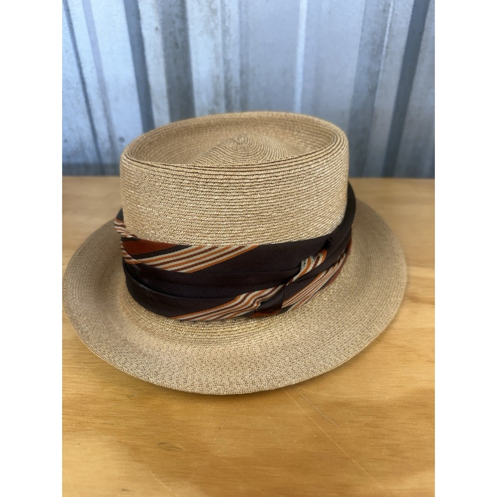 Vintage Dobbs Fifth Avenue New York Straw Boater Skimmer Hat Mens Ribbon Band